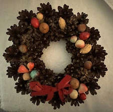 Handmade 8” Pine Cone, Nuts And Plastic Berries Wreath 