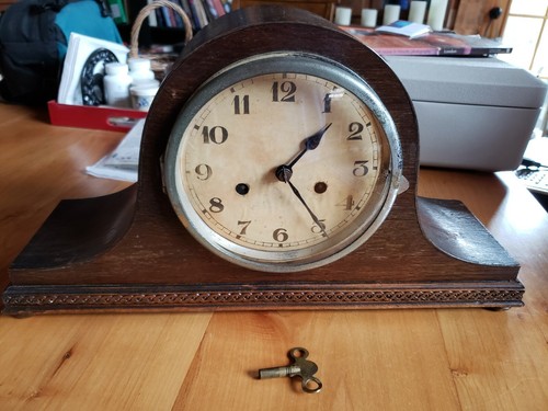 Antique English Mantle Clock w Key Gorgeous Woodwork Made in England not working