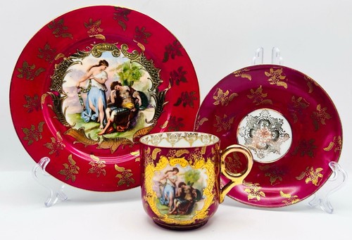 Antique Vienna Style Bohemia Porcelain Tea Set for 12, Ruby Red with 24k Gilding - Picture 13 of 22