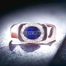 Blue Sapphire Oval Cut Gemstone With 925 Sterling Silver Ring For Men's #A240