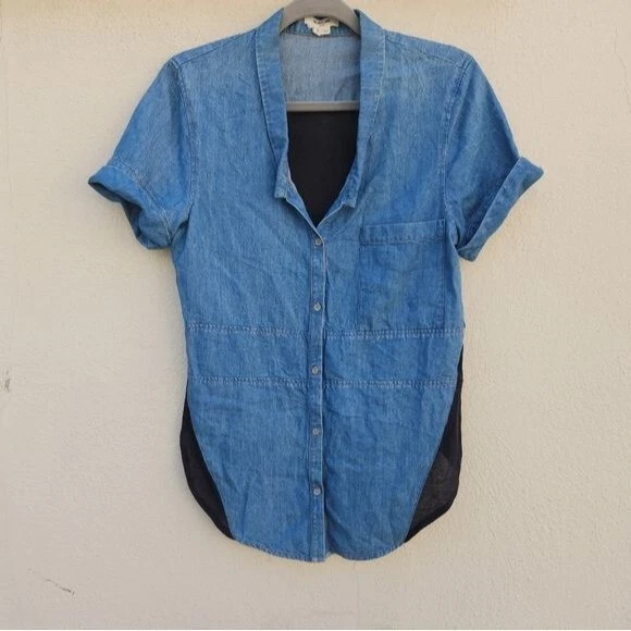 Helmut Lang Denim Chambray Contrast High Low Button Up Blouse - Image 2 of 4