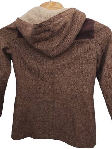 Prana Womens Medium Duffle Coat Hooded Brown Tweed Wool Blend Sherpa Lined Hood - Picture 5 of 10