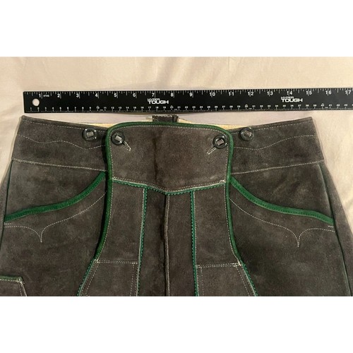 Authentic Vintage Lederhosen Oktoberfest Men Suede Leather Green Shorts 42 - Picture 9 of 11