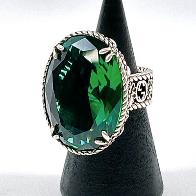 GUCCI Green Crystal Statement Ring Silver GG Logo Vintage Style Size US4 JAPAN