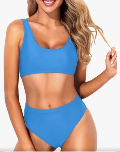 Tempt Me Womens Two-Piece Bikini Crop Top Sporty High Waist Bathing Suit Blue L