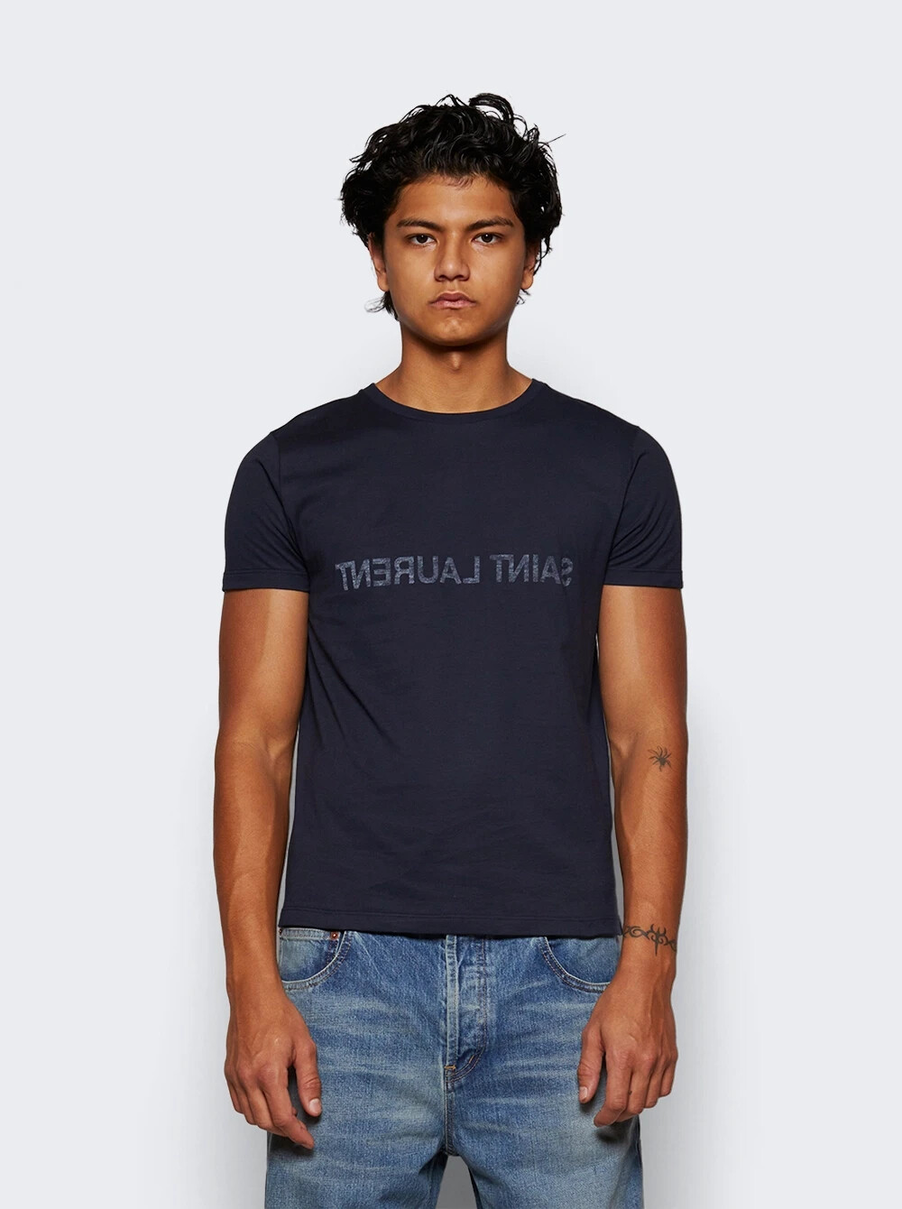 T shirt Saint Laurent $620 con logo inverso marina e naturale XXL