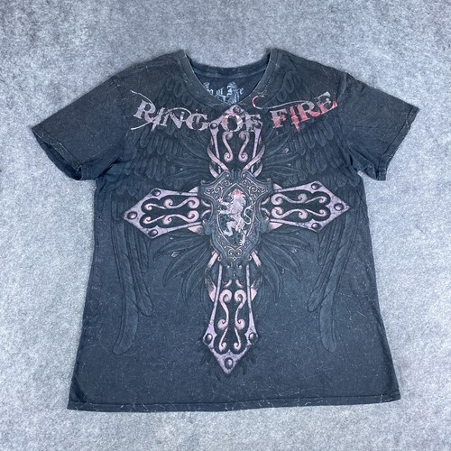 Ring Of Fire Shirt Mens XXL Black Lion Wings Cross MMA Y2K Short Sleeve Slim Fit