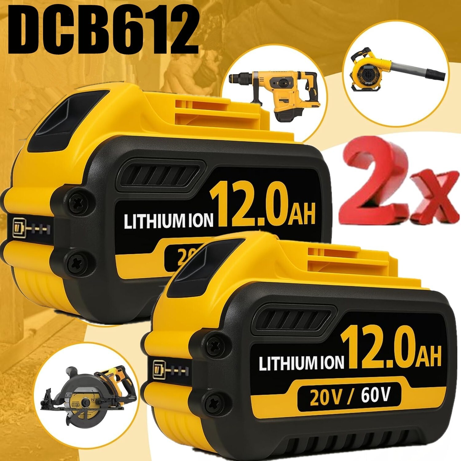 2-Pack 12.0Ah DeWalt FLEXVOLT 20V/60V MAX Lithium-Ion Battery DCB609 DCB612 Replacement