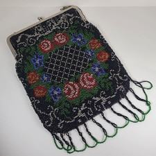 VTG Germany Black Floral Flapper Micro Beaded Bag Purse Snap Clasp Chain 10"