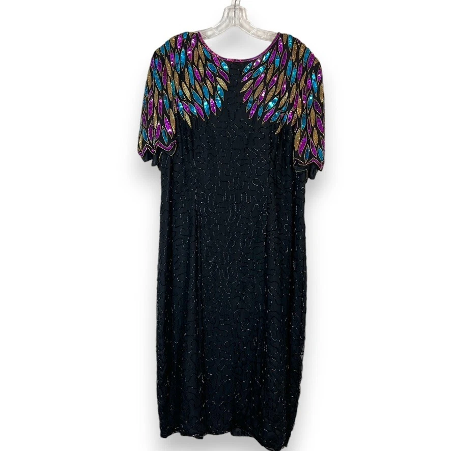 复古亮片丝绸连衣裙串珠正式鸡尾酒黑色 Midi — 第 2/4 张图片