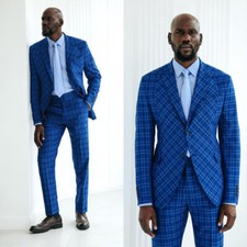 New Mens Plaid Blue Formal Suits 2 Pieces Single Breasted for Best Groom Wedding