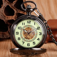 Antique Style Mechanical Pocket Watch Luminous Arabic Dial Skeleton Windup Gifts