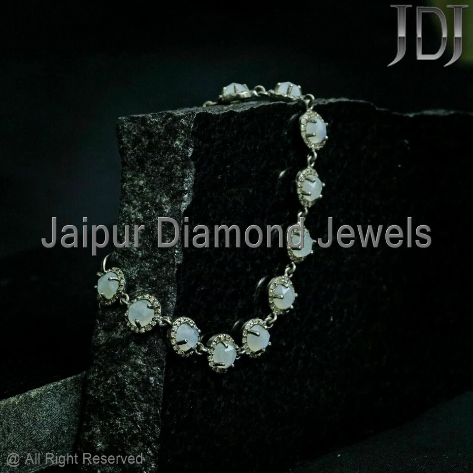 Natural Pave Diamond Rainbow Moonstone Gemstone 925 Silver Bracelet Gift Jewelry - Image 4 of 4