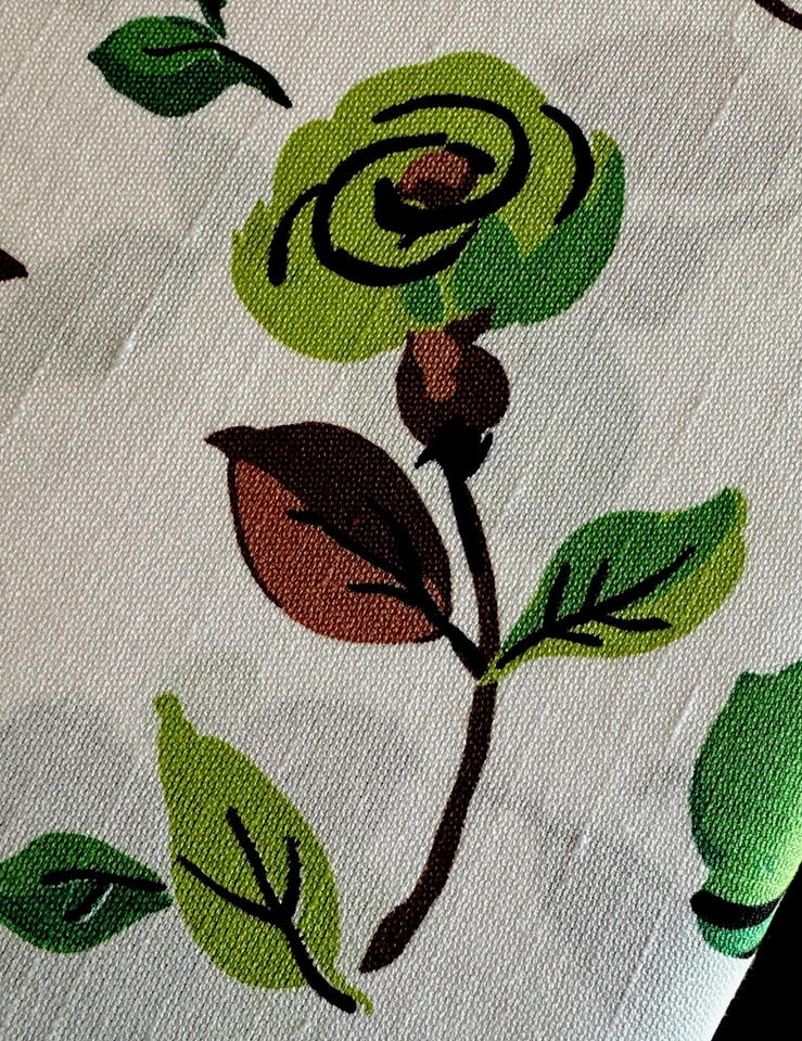 Tela de lino de algodón de colección de los años 60 W44”x 5 yardas amapolas verdes sobre cortinas acolchadas blancas Foto 3 de 4