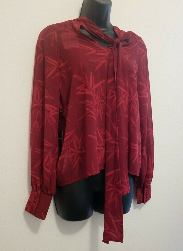 Forever 21 Contemporary Blouse Sz Small Sheer Wine Red Long Sleeve Bow