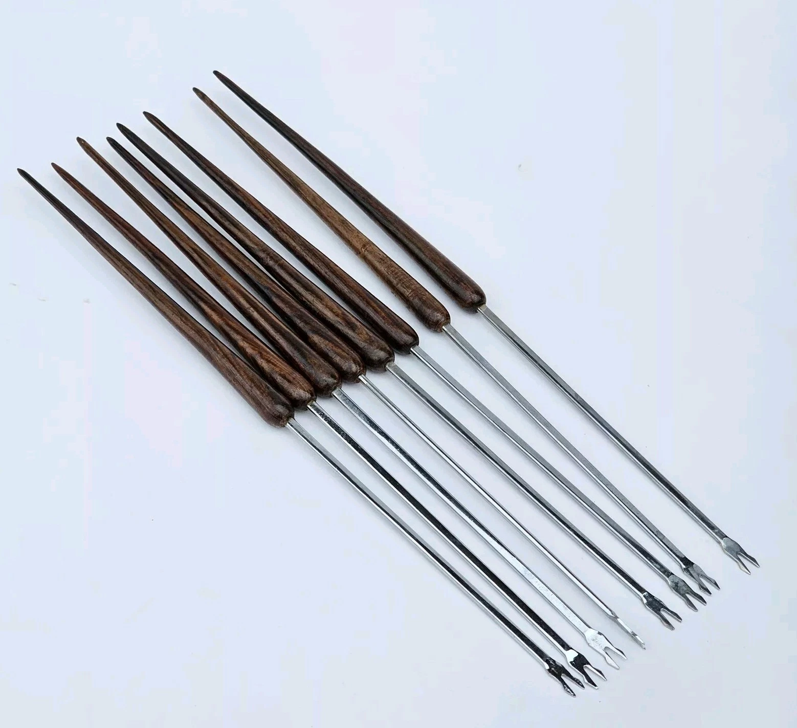 Set of 8 Mid Century Modern Fondue Forks Wood Handle Stainless Steel, Extra Long