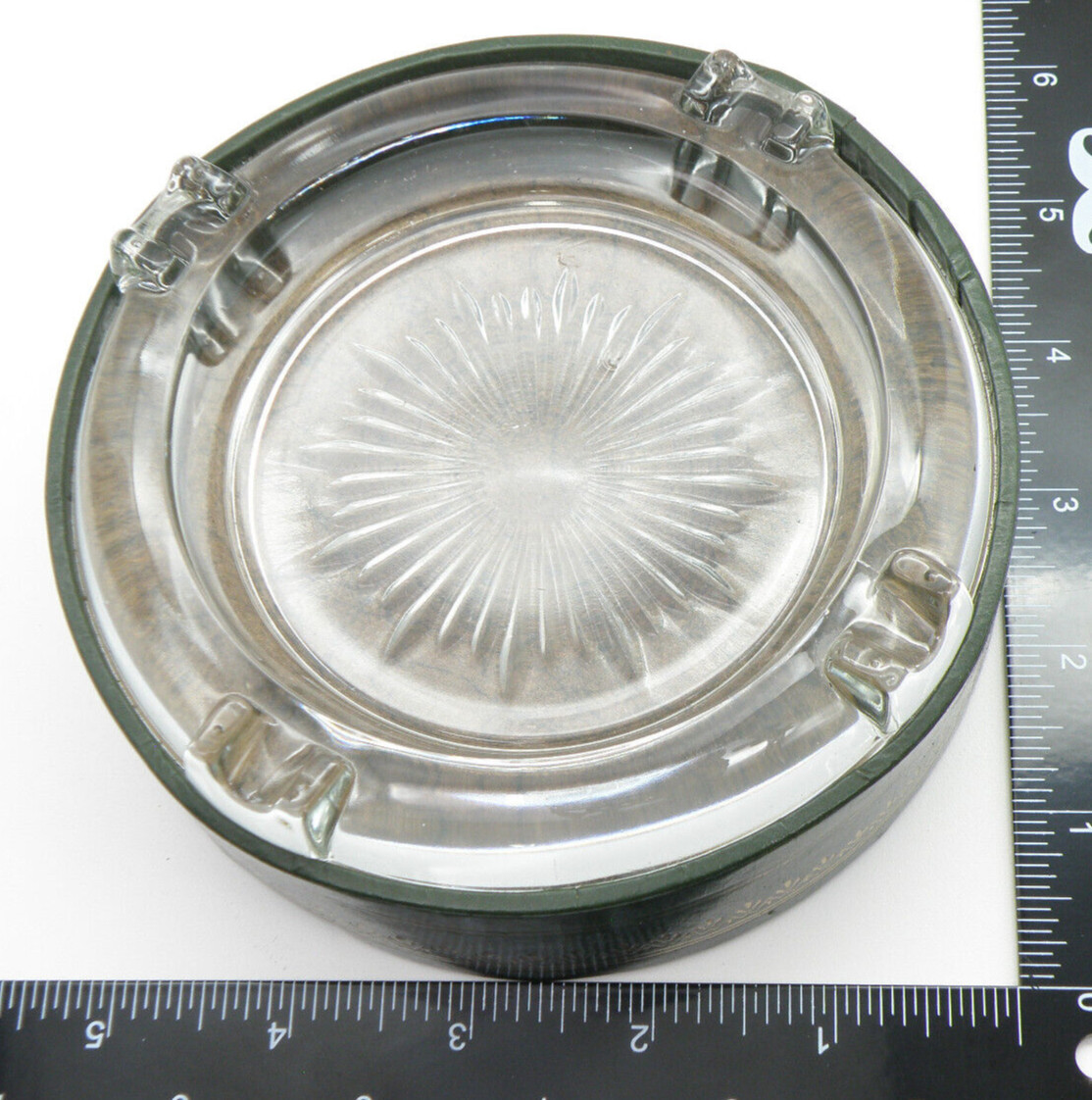 Vtg Glass Ashtray Faux leather holder Green / Gold Mid Century Modern 5" Round