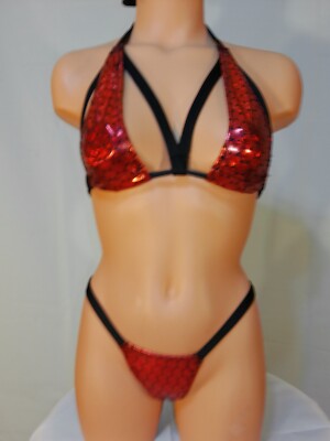 Exotic dancer stripper small black/red two piece bikini dance outfit-dancewear