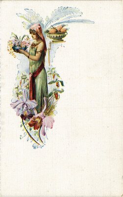 PC ARTIST SIGNED, LYON, LADY WITH FLOWERS AND FRUITS, Vintage Postcard (b50841)