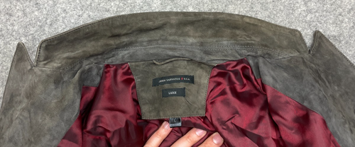 John Varvatos Star USA Suede Jacket Mens L Brown Green Goat Sword Buttons Luxe - Picture 6 of 17