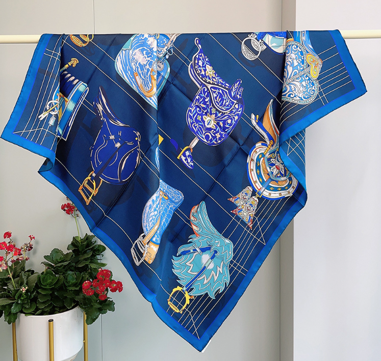 14 Momme Twill Silk Wrap saddle Print Scarf Bandanna Square Shawl 88X88cm