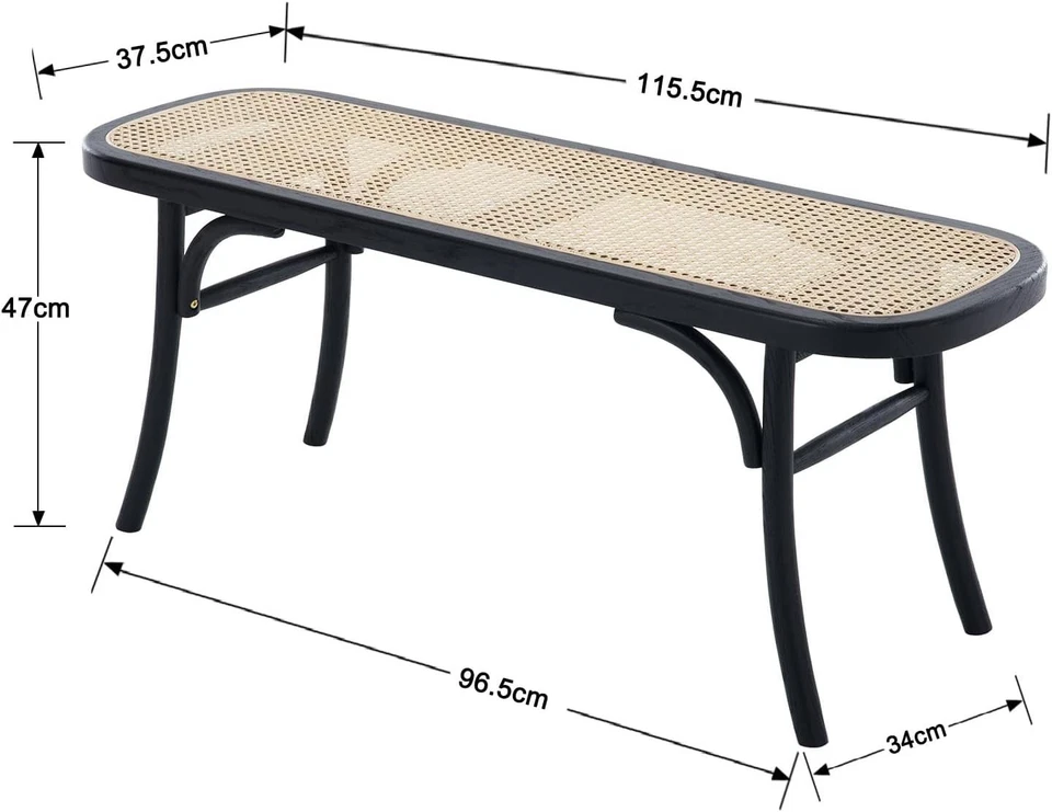 Black Rattan Ottoman Bench with Wood Legs – Retro Dining & Hallway Seat - Image 3 of 4