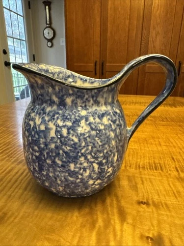 Vintage 1970 Stangl Town & Country Hand Painted Blue Sponge 24oz Pitcher 5-3/8"