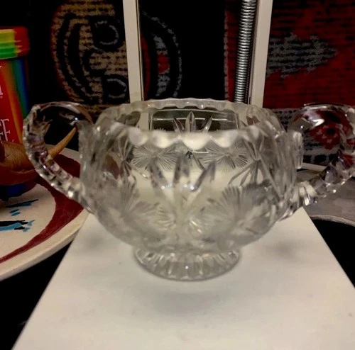 American Brilliant Cut Glass Double Handled Sugar Bowl Footed