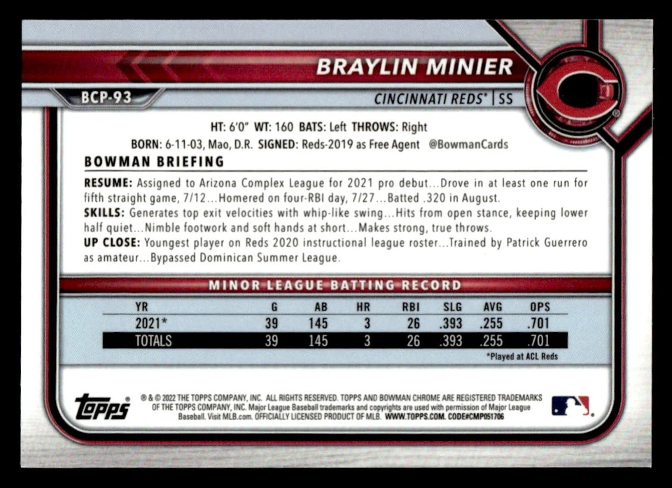 2022 Bowman #BCP-93 Braylin Minier Chrome Prospects Gold Shimmer Refractors #/50 - Image 2 of 2