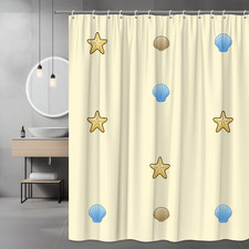 Beach Shells and Starfish Shower Curtain, Blue and Tan Seashell Print