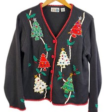 Paul Harris Design Ugly Christmas Sweater Cardigan Women's Size L Trees Applique