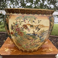 Vintage Royal Satsuma Hand Painted 16”x14”Porcelain koi Fishbowl Planter Peacock