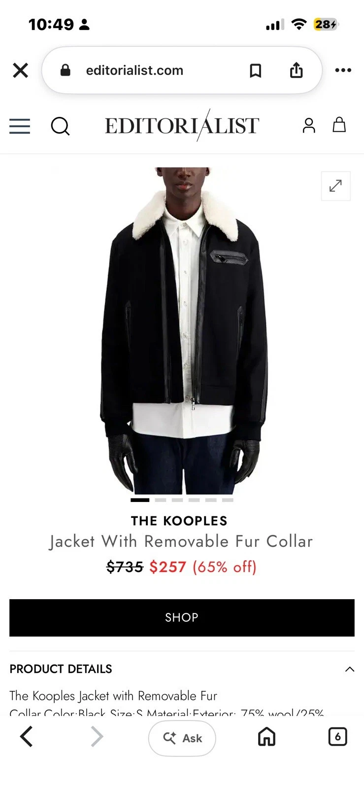 The Kooples Men’s Black Bomber Jacket Shearling Collar Full Zip Size S image 5