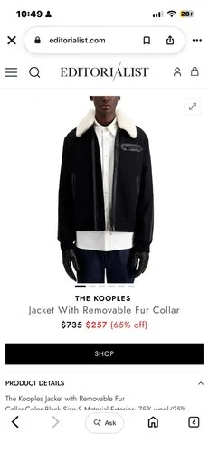 The Kooples Men’s Black Bomber Jacket Shearling Collar Full Zip Size S image 5