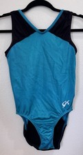 GK Elite Adult Medium Teal Black Gymnastics Leotard Sleeveless V Back AM