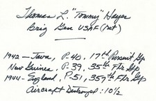 Tommy Hayes signed card. WWII US Ace. 357th Fighter Group. 10-1/2 kills.
