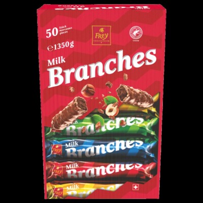 50 Schweizer Schokolade mit Pralinefüllung und Haselnusss - Branches Frey