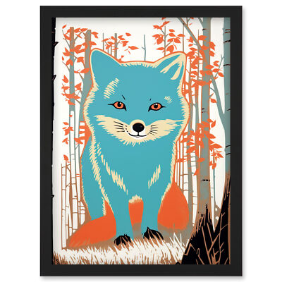 Cute Blue Fox Forest Glade Landscape Baby Animal Kids Bedroom Framed Wall Art A4