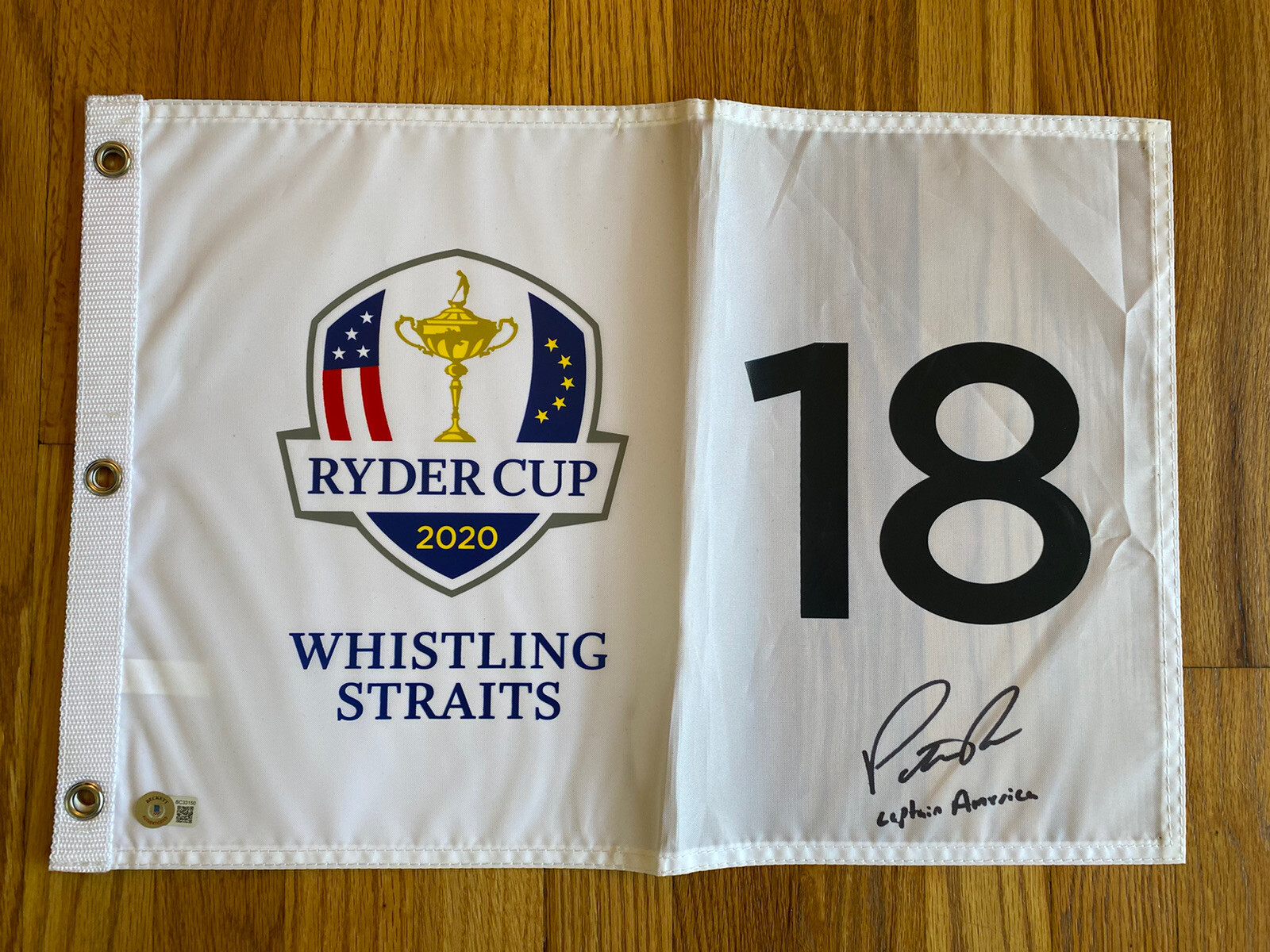 Viktor Hovland Autographed Signed PATRICK REED 2020 RYDER CUP GOLF FLAG BAS COA CAPT AMERICA 
