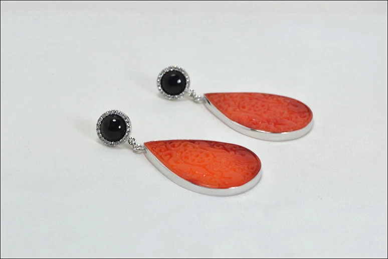 ORECCHINI IN ARGENTO 925 CON ONICE GIADA ARANCIO E ZIRCONI BIANCHI AGHT 0414 - Immagine 2 di 3