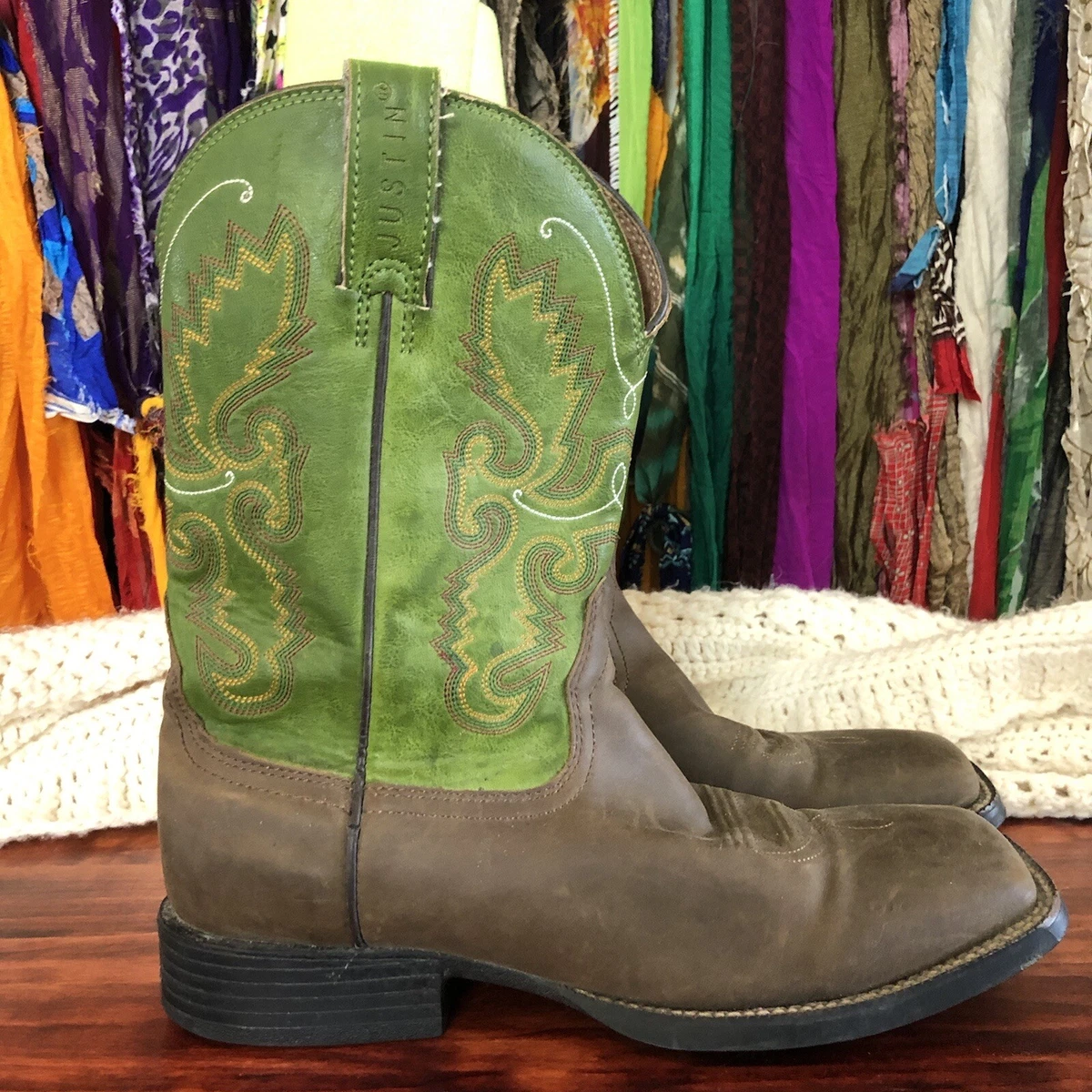 Justin Men s US 10 D Hinton Boot Brown Green JB1117 Excellent Condition