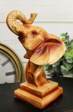 Small Safari Wildlife Elephant Bust With Trunk Up Faux Wood Carving Figurine