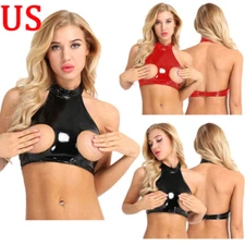 Women Lingerie Wet Look Leather Open Bust Backless Crop Top Open Crotch Brief
