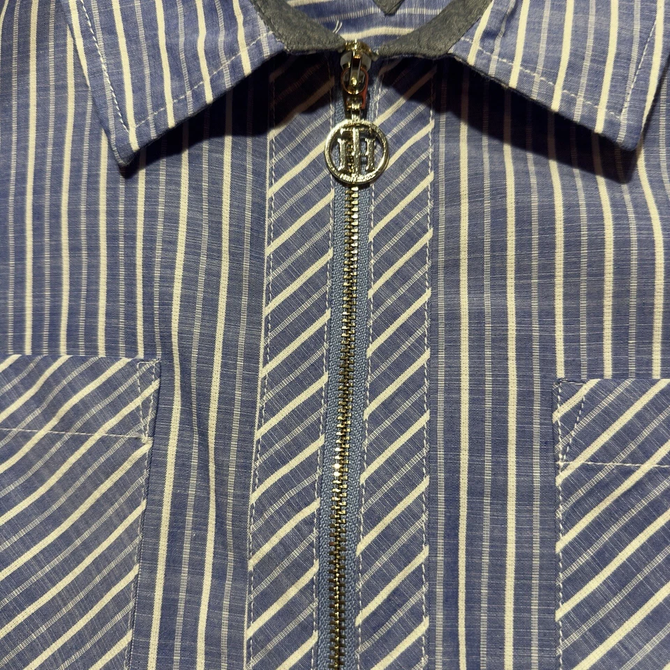 Camisa Tommy Hilfiger Para Mujer Talla L Media Cremallera Azul Blanco Rayas Manga Larga Foto 3 de 4