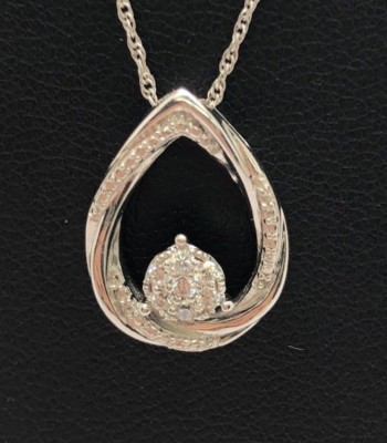 Sterling Silver 925 Elevated CZ Flower Cluster Pave Spiraled Pear Necklace 18''