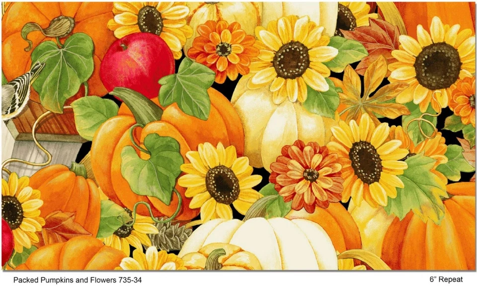 1 yarda Turkey Talk tela de algodón calabaza girasoles extremo de perno de vidrio Henry  Foto 3 de 3