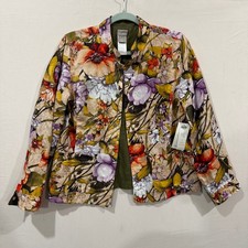 Chicos Reversible Linen Floral Jacket Olive Green 3/4 Sleeve Size 1 M 8/10 NEW