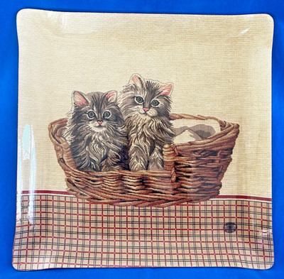 Vintage Creations Alpac großes quadratisches Serviertablett Kätzchen Katzen im Korb Frankreich