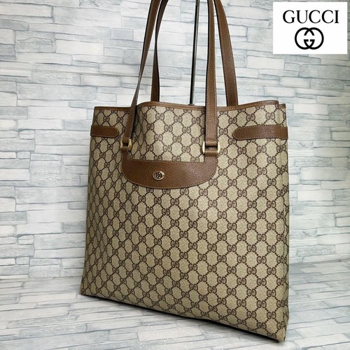 GUCCI GG Canvas Beige Brown Leather Tote Bag Handbag Women Auth