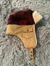 Red Plaid Trapper Hat Cap Strap Back Faux Fur Lined Brown Canvas One Size Winter